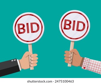 Hands holding auction paddle. Bid plate. Auction competition. Vector illustration in flat style