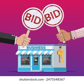 Hands holding auction paddle. Bid plate. Real estate, house building shop or commercial property. Auction competition. Selling or buying new business. Vector illustration in flat style