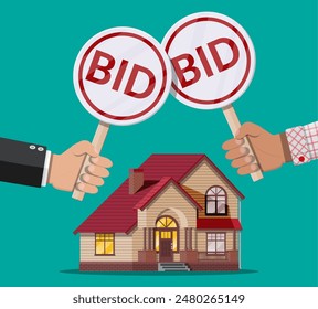 Hands holding auction paddle. Bid plate. Real estate, house building. Auction competition. Vector illustration in flat style