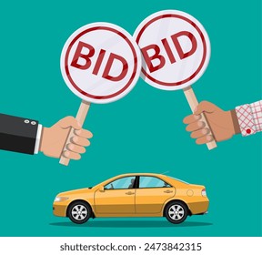 Hands holding auction paddle and car. Selling vehicle. Bid plate. Auction competition. Vector illustration in flat style