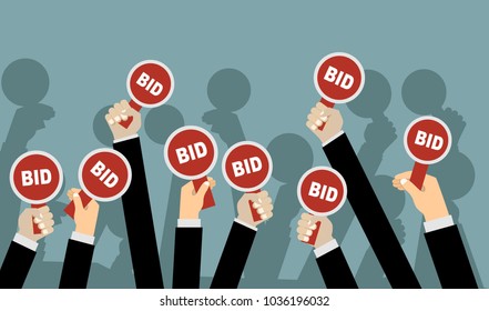 Hands holding auction paddle. Flat vector illustration.