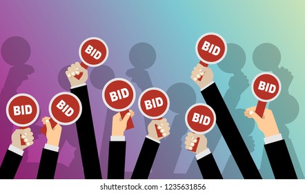 Hands holding auction paddle. Flat vector illustration.