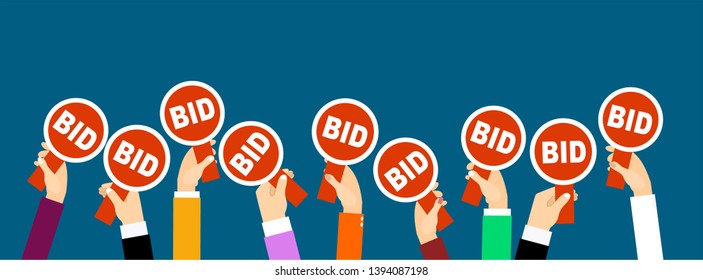 Hands holding auction paddle. Flat vector illustration. 