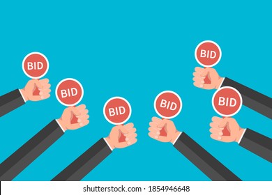 Hands holding auction paddle. Flat vector illustration.