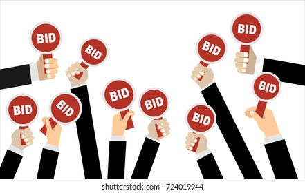 Hands holding auction paddle. Flat vector illustration.