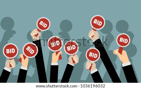 Hands holding auction paddle. Flat vector illustration.