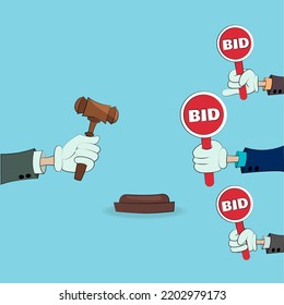 Hands holding an auction paddle and hammer. Bid plate. The concept of auction and bidding. Flat vector illustration.
