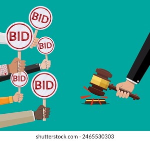 Hands holding auction paddle and hammer. Bid plate. Auction competition. Vector illustration in flat style