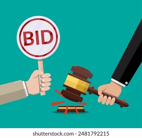 Hands holding auction paddle and hammer. Bid plate. Auction competition. Vector illustration in flat style