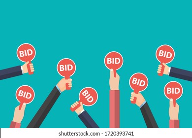 Hands holding auction paddle isolated on blue background. Auction and bidding sale process concept. Eps vector illustration, flat style minimalistic design