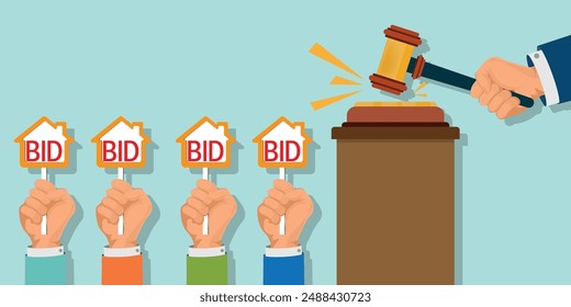 Hands holding auction paddle in shape of house and hammer. Bid plate. Auction competition, Business bidding process, buying home from auction.Bidding and auction concept, Vector illustration.