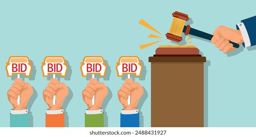 Hands holding auction paddle in shape of car and hammer. Bid plate. Auction competition, Business bidding process , buying car from auction. Bidding and auction concept, Vector illustration.