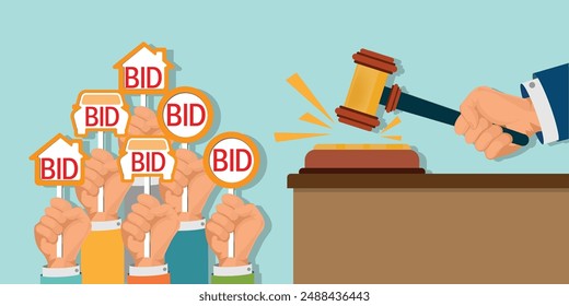 Hands holding auction paddle in shape of house and car and hammer. Bid plate.Auction competition, buying home and car from auction.Bidding and auction concept, Vector illustration.