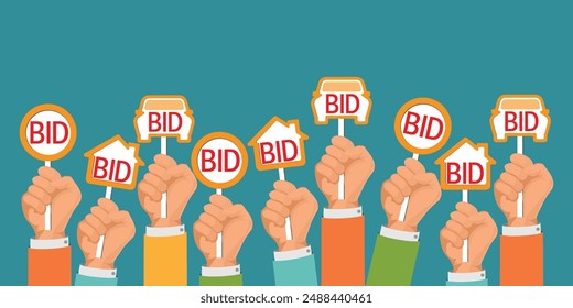 Hands holding auction paddle in shape of house and car.Bid plate.Auction competition, Bidding and auction conceptual, Vector illustration.