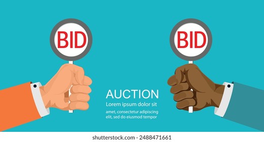 Hands holding auction paddle.Auction competition, Bidding and auction conceptual, Vector illustration.