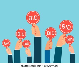 Hands holding auction paddles illustration. Clipart image.