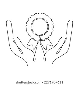 Hands holding award badge continuous one line art drawing. Vector illustration isolated on white.