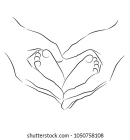 Hands holding baby foot - protection symbol. Vector illustration on white background.