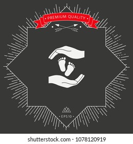 Hands holding baby foot, protection symbol