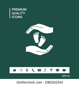Hands holding baby foot, protection symbol