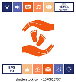 Hands holding baby foot, protection symbol