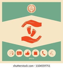 Hands holding baby foot, protection symbol