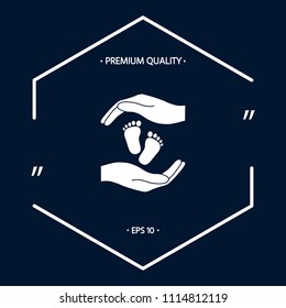 Hands holding baby foot, protection symbol