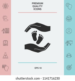 Hands holding baby foot, protection symbol