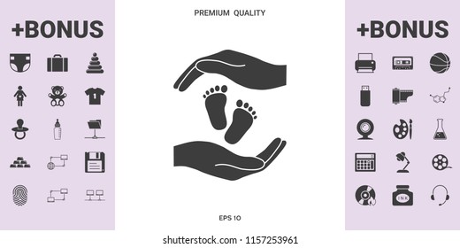 Hands holding baby foot, protection symbol - graphic elements for your design