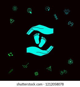 Hands holding baby foot, protection symbol