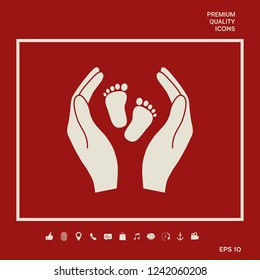 Hands holding baby foot - protection symbol. Graphic elements for your design