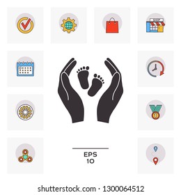 Hands holding baby foot - protection symbol. Graphic elements for your design