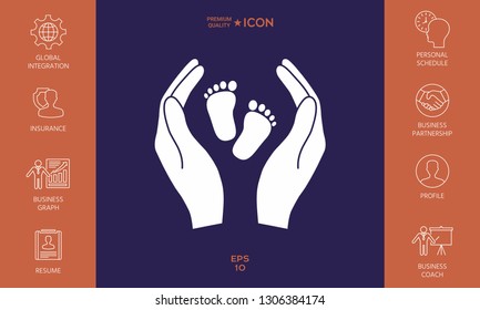 Hands holding baby foot - protection symbol. Graphic elements for your design