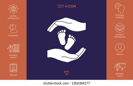 Hands holding baby foot, protection symbol. Graphic elements for your design