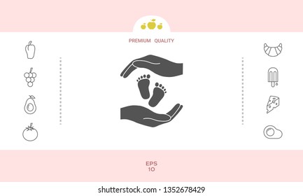 Hands holding baby foot, protection symbol. Graphic elements for your design