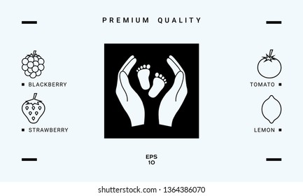 Hands holding baby foot - protection symbol. Graphic elements for your design