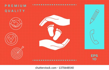 Hands holding baby foot, protection symbol. Graphic elements for your design