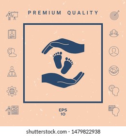 Hands holding baby foot, protection symbol. Graphic elements for your design