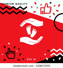 Hands holding baby foot, protection symbol. Graphic elements for your design