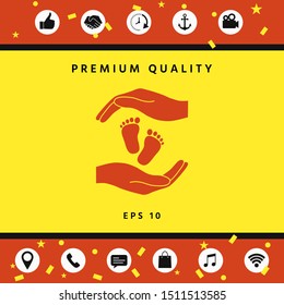 Hands holding baby foot, protection symbol. Graphic elements for your design