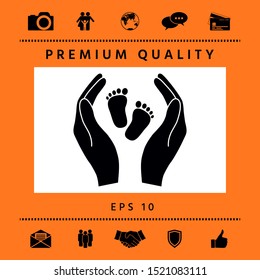 Hands holding baby foot - protection symbol. Graphic elements for your design