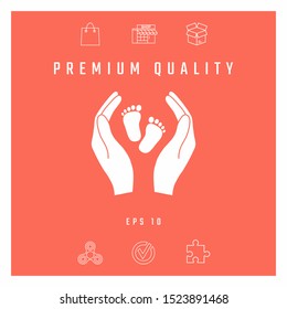 Hands holding baby foot - protection symbol. Graphic elements for your design