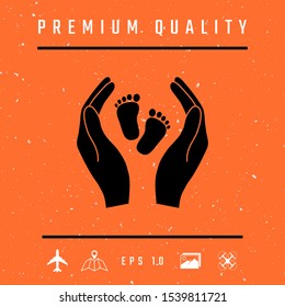 Hands holding baby foot - protection symbol. Graphic elements for your design