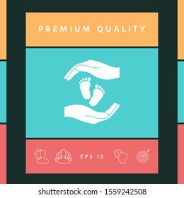 Hands holding baby foot, protection symbol. Graphic elements for your design