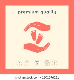 Hands holding baby foot, protection symbol. Graphic elements for your design