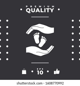 Hands holding baby foot, protection symbol. Graphic elements for your design