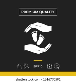 Hands holding baby foot, protection symbol. Graphic elements for your design