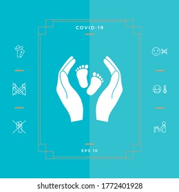 Hands holding baby foot - protection symbol. Graphic elements for your design