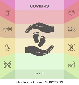 Hands holding baby foot, protection symbol. Graphic elements for your design