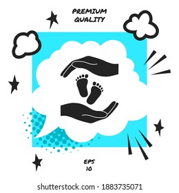 Hands holding baby foot, protection symbol. Graphic elements for your design
